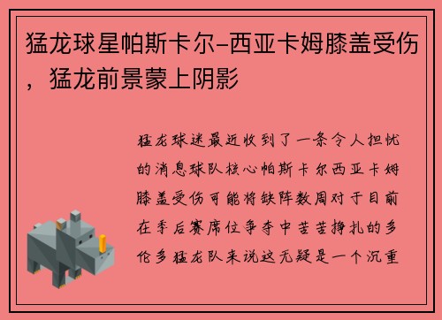 猛龙球星帕斯卡尔-西亚卡姆膝盖受伤，猛龙前景蒙上阴影