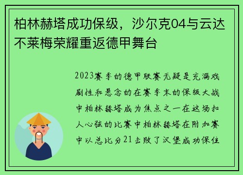 柏林赫塔成功保级，沙尔克04与云达不莱梅荣耀重返德甲舞台