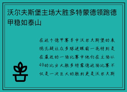 沃尔夫斯堡主场大胜多特蒙德领跑德甲稳如泰山