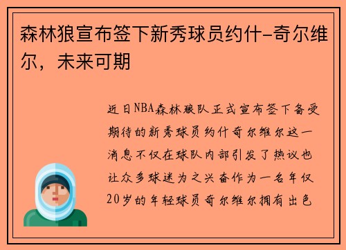 森林狼宣布签下新秀球员约什-奇尔维尔，未来可期