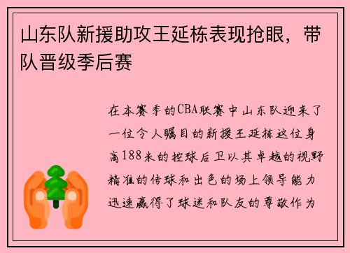 山东队新援助攻王延栋表现抢眼，带队晋级季后赛