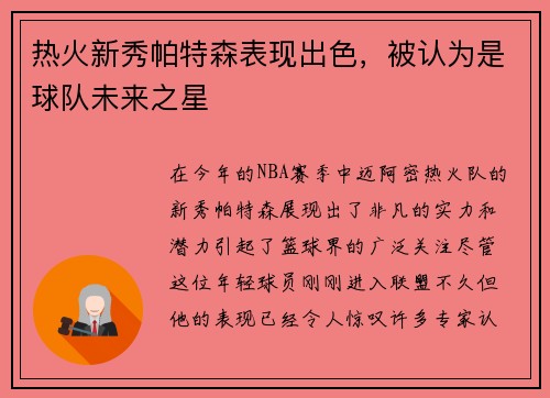 热火新秀帕特森表现出色，被认为是球队未来之星