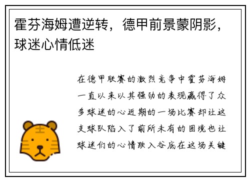 霍芬海姆遭逆转，德甲前景蒙阴影，球迷心情低迷