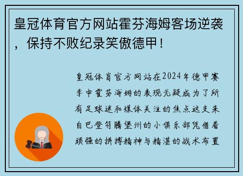 皇冠体育官方网站霍芬海姆客场逆袭，保持不败纪录笑傲德甲！