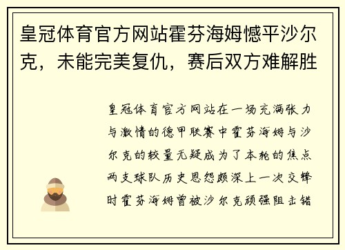 皇冠体育官方网站霍芬海姆憾平沙尔克，未能完美复仇，赛后双方难解胜负 - 副本